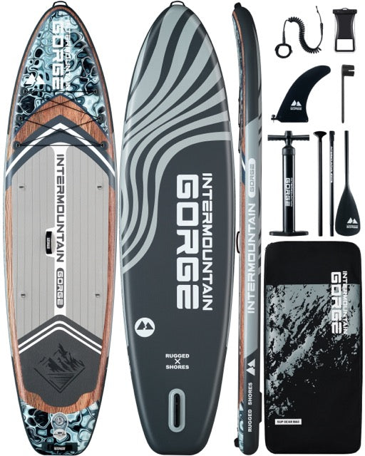 11'x34 Ultra Wide Paddleboard, Inflatable SUP&420lb Capacity for All Skill, Stand-up Paddle Board for Yoga/Family, EVA Deck, US Fin, High-Pressure Pump, 100L Bag, Safety Leash, Woodgrain Gray