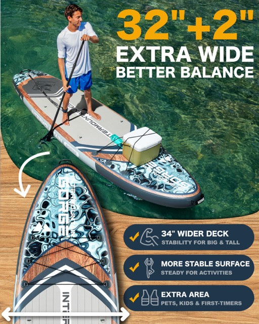 11'x34 Ultra Wide Paddleboard, Inflatable SUP&420lb Capacity for All Skill, Stand-up Paddle Board for Yoga/Family, EVA Deck, US Fin, High-Pressure Pump, 100L Bag, Safety Leash, Woodgrain Gray