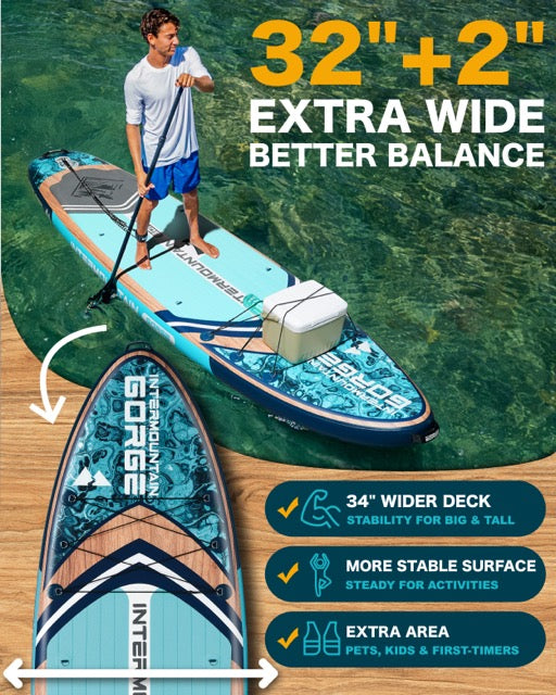 11'x34 Ultra Wide Paddleboard, Inflatable SUP&420lb Capacity for All Skill, Stand-up Paddle Board for Yoga/Family, EVA Deck, US Fin, High-Pressure Pump, 100L Bag, Safety Leash, Woodgrain Blue