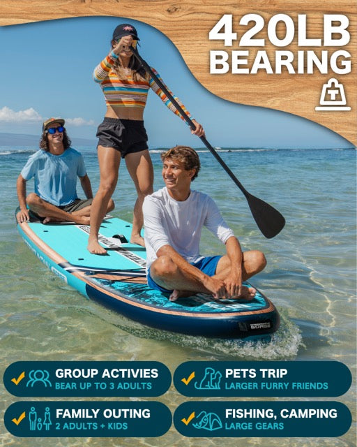 11'x34 Ultra Wide Paddleboard, Inflatable SUP&420lb Capacity for All Skill, Stand-up Paddle Board for Yoga/Family, EVA Deck, US Fin, High-Pressure Pump, 100L Bag, Safety Leash, Woodgrain Blue