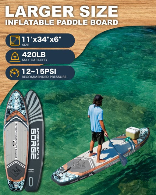 11'x34 Ultra Wide Paddleboard, Inflatable SUP&420lb Capacity for All Skill, Stand-up Paddle Board for Yoga/Family, EVA Deck, US Fin, High-Pressure Pump, 100L Bag, Safety Leash, Woodgrain Gray