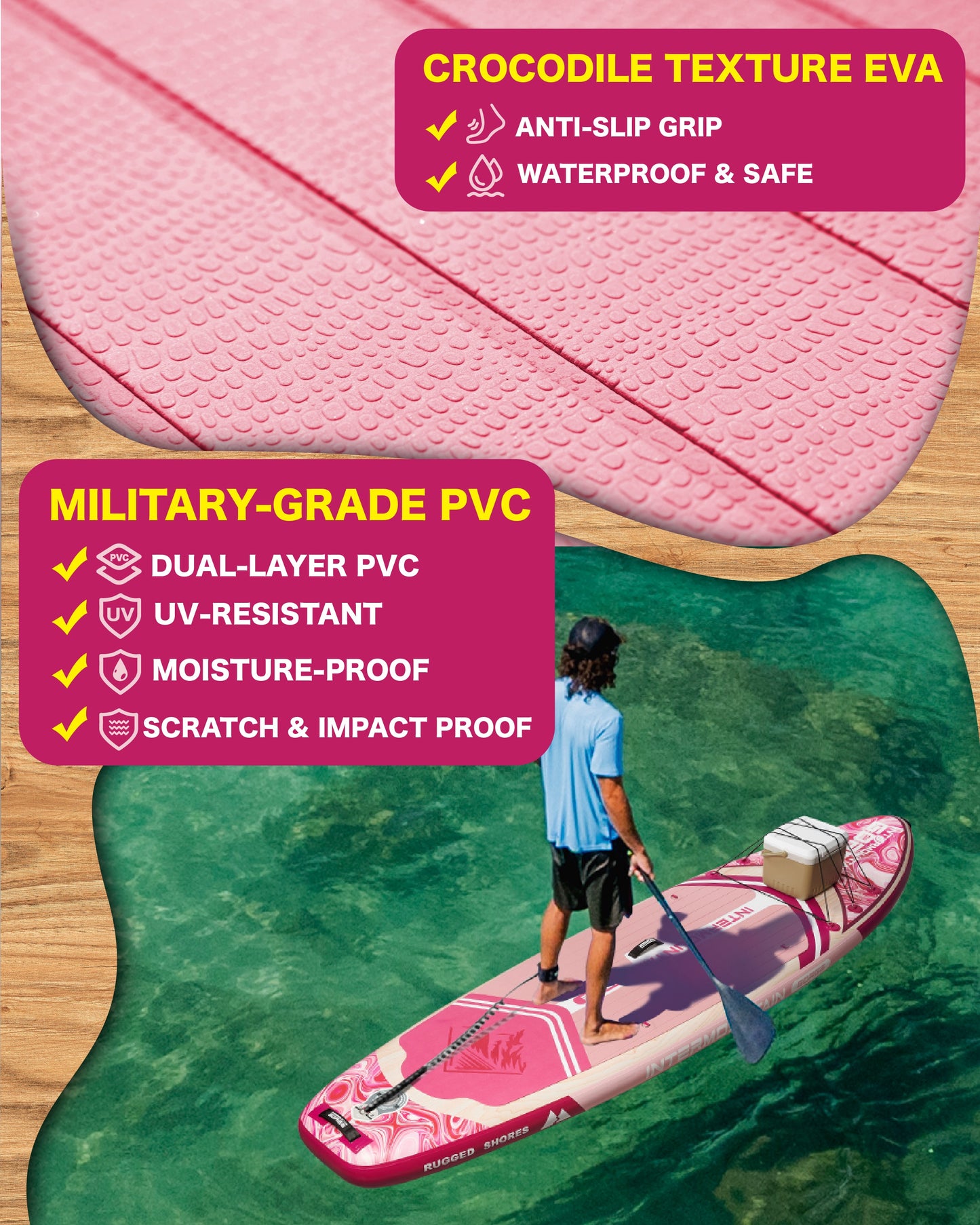 11'x34 Ultra Wide Paddleboard, Inflatable SUP&420lb Capacity for All Skill, Stand-up Paddle Board for Yoga/Family, EVA Deck, US Fin, High-Pressure Pump, 100L Bag, Safety Leash, Woodgrain Pink