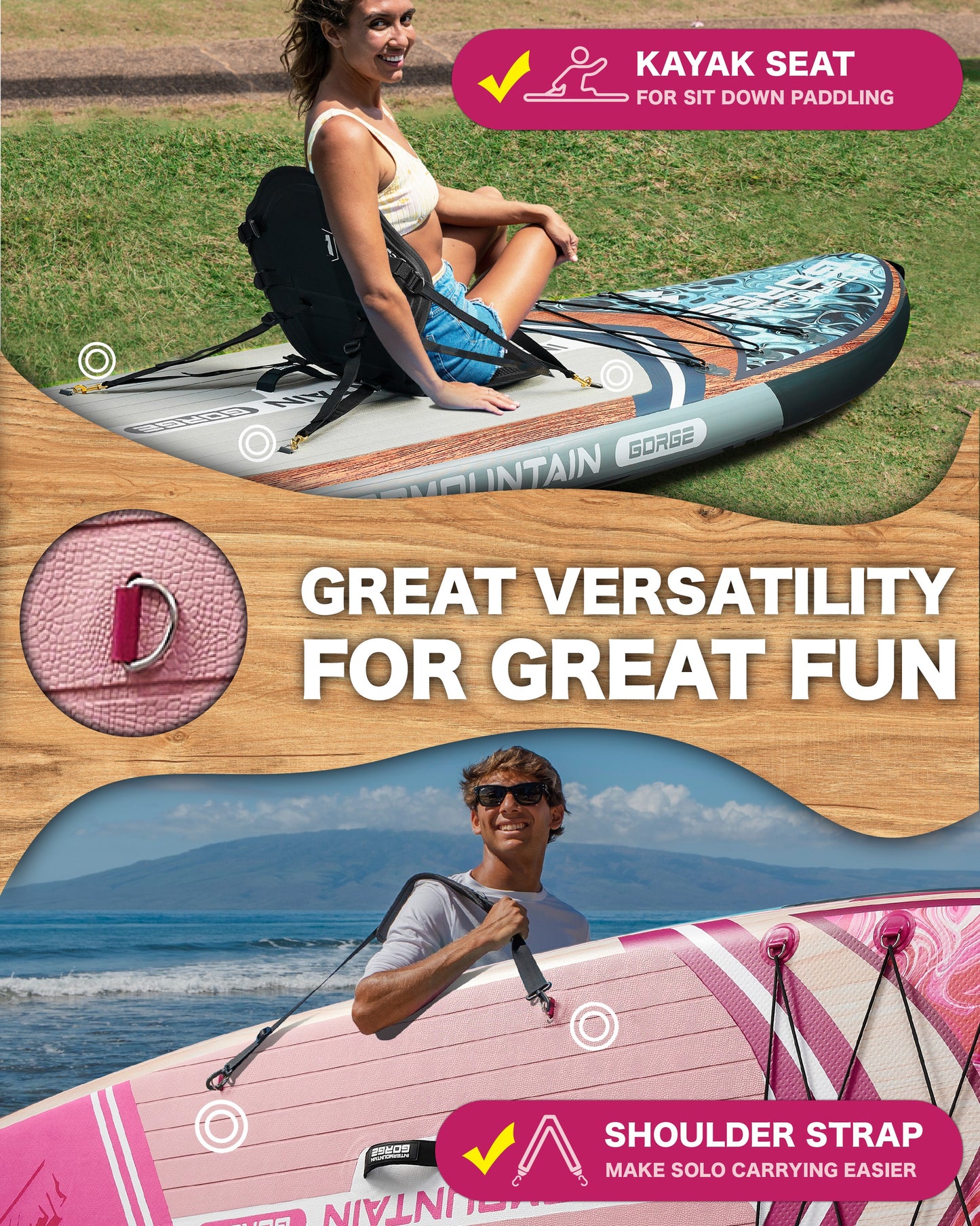 11'x34 Ultra Wide Paddleboard, Inflatable SUP&420lb Capacity for All Skill, Stand-up Paddle Board for Yoga/Family, EVA Deck, US Fin, High-Pressure Pump, 100L Bag, Safety Leash, Woodgrain Pink